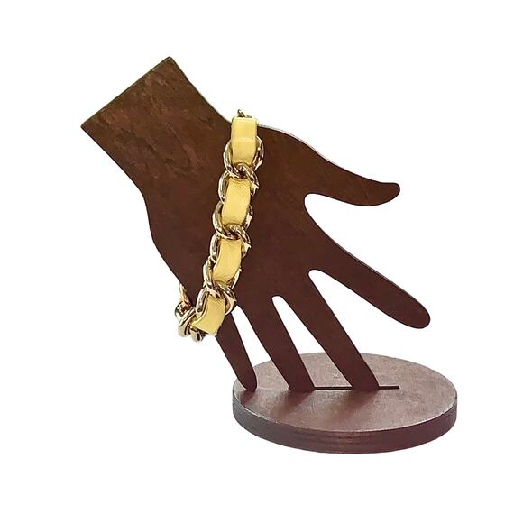 Ann Taylor Yellow Leather Gold Tone Chain 8” Bracelet Crystal Charm EUC - Picture 4 of 6